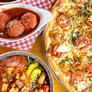 Pizza, Salad, and Meatballs